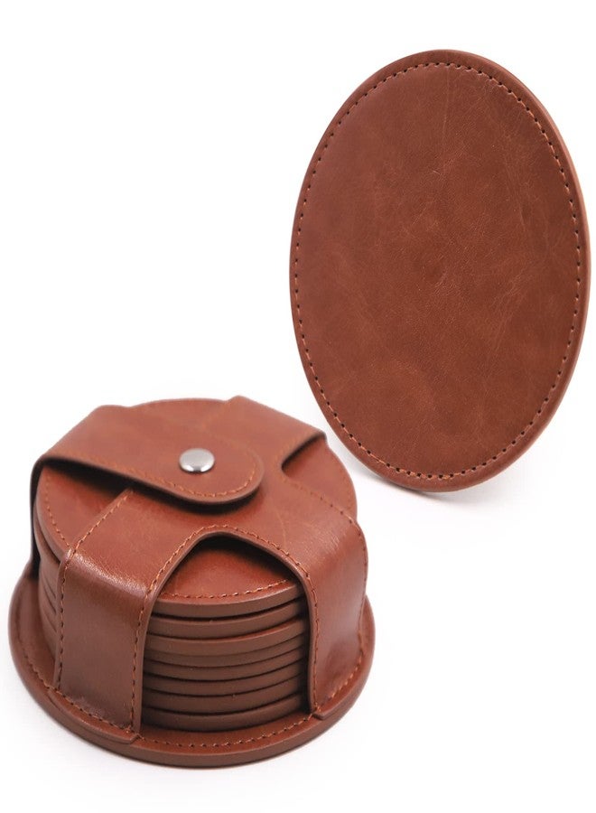 T TOSSOW TOSSOW PU Leather Coaster 8 Pcs with Holder, Durable and Non-Slip Coaster for Protection Tabletop, Wooden Table, Desk, Bar, Coasters Fit All Cups (Brown) - Image 1